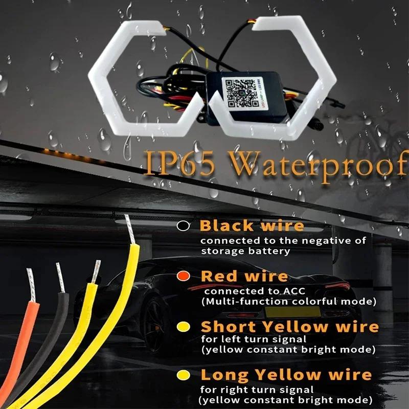 1Set 12V 24V RGB Hexagon Angel Eyes Halo Rings Retrofit Headlight Car Motorcycle Switchback White DRL+Amber Turn Signal Light
