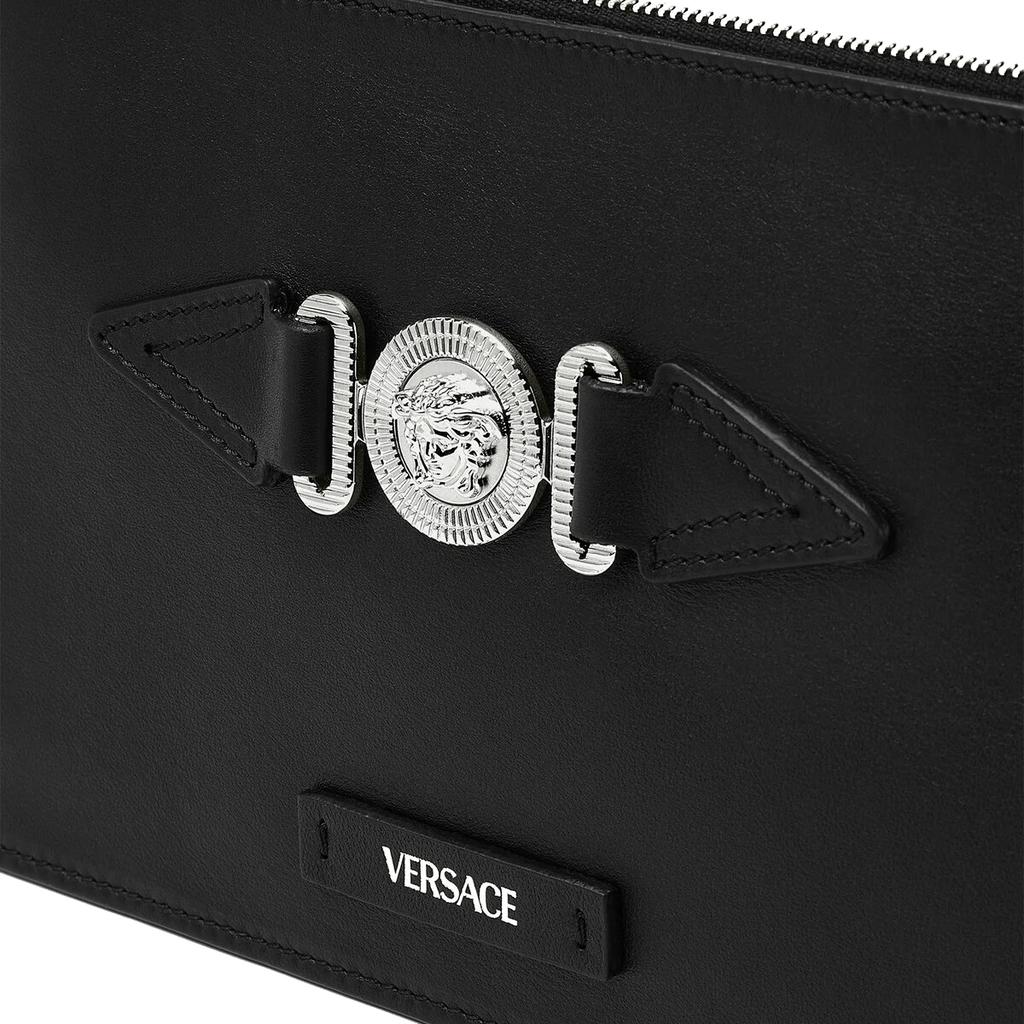 Versace Medusa Biggie Series Detachable Strap Zipper Closure Leather Clutch Small Men clutch Black Silver 1006240-1A03190-1B00P