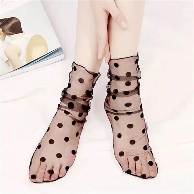 1pair Sexy Star Dot Lace Socks Women Transparent Mesh Ankle Socks Ladies Ultra-Thin Princess Tulle Socks Female Streetwear Socks