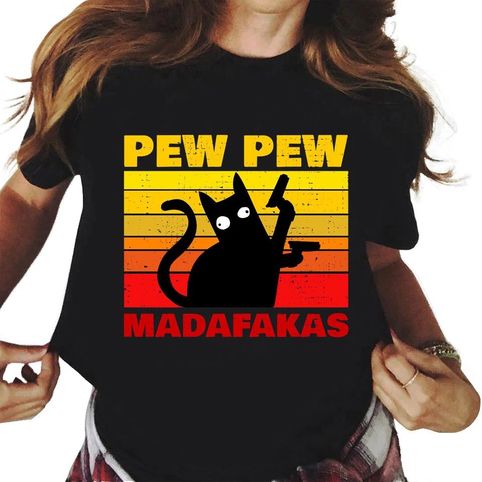 Футболка унисекс с графическим принтом Pew Madafakas с симпатичными черными кошками, модная повседневная футболка унисекс с круглым вырезом и коротким рукавом большого размера