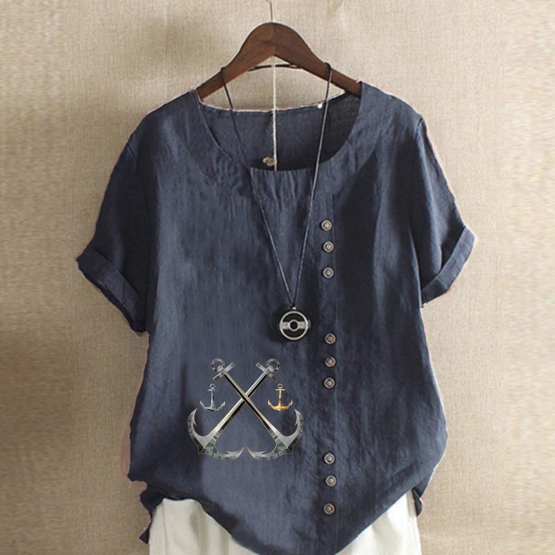 Women's Fashion Round Neck Short Sleeve T-shirt Casual Cotton Linen Graphic Shirt Hook Prined Summer Blouse Tops Plus Size