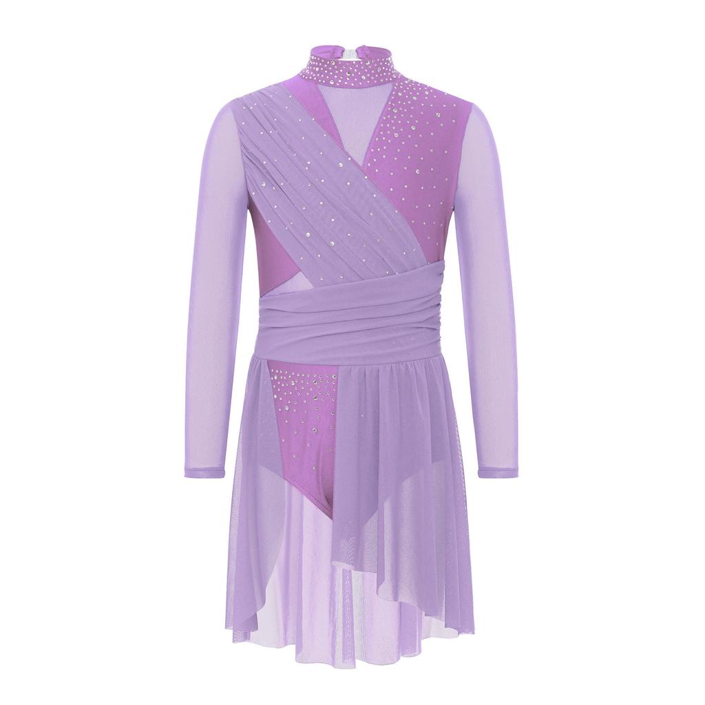 Girls Lyrical Dance Dress Mock Neck Long Sleeve Cutout Back Side Split Sheer Mesh Ruched Leotards