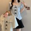 Women's Clothing Square Collar Pullovers Stylish Sweet Bow Summer Elegant Slim Short Sleeve Basic Solid Color Irregular T-shirts