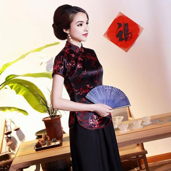 Женские топы Ципао в стиле ретро с воротником-стойкой и коротким рукавом с цветочным принтом, традиционные китайские топы, новогодние топы Cheongsam, женская одежда