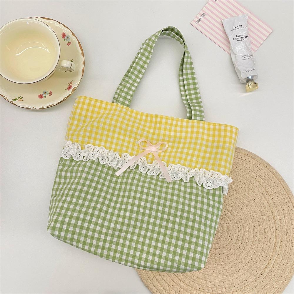 New Canvas Material Splice Lace Handbag Large Capacity Lightweight Tote Bag Splice Lace Design Canvas Lunch Bag Commute