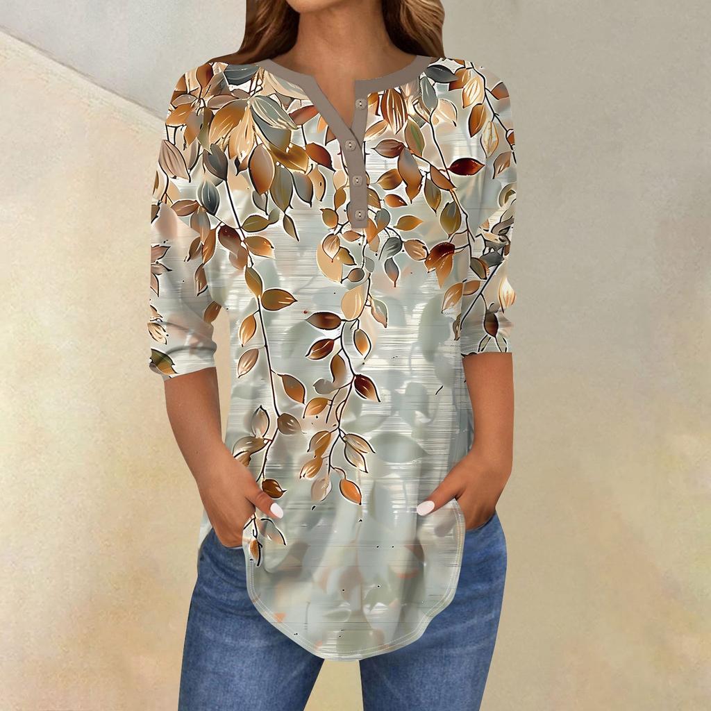 Рубашки с рукавом 3/4 для женщин, модные, повседневные, с круглым вырезом, с принтом, футболка, топ