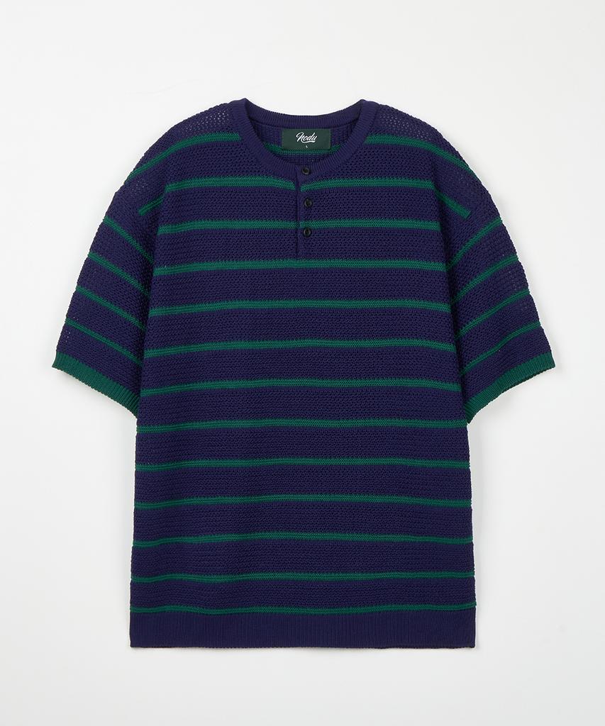 NODU Henley Neck Striped Short Sleeve Knit [Navy]