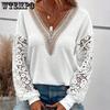 Ayollar uchun katta o'lchamdagi moda dantelli patchworkli ko'ylak, uzun yengli, V-kesimli, mikro elastik top, bahor/kuz uchun universal top