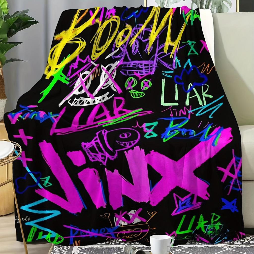 1 шт. Современное фланелевое покрывало в стиле граффити, с принтом персонажей Jinx & Boom, многоцелевое для дивана, кровати, путешествий и кемпинга