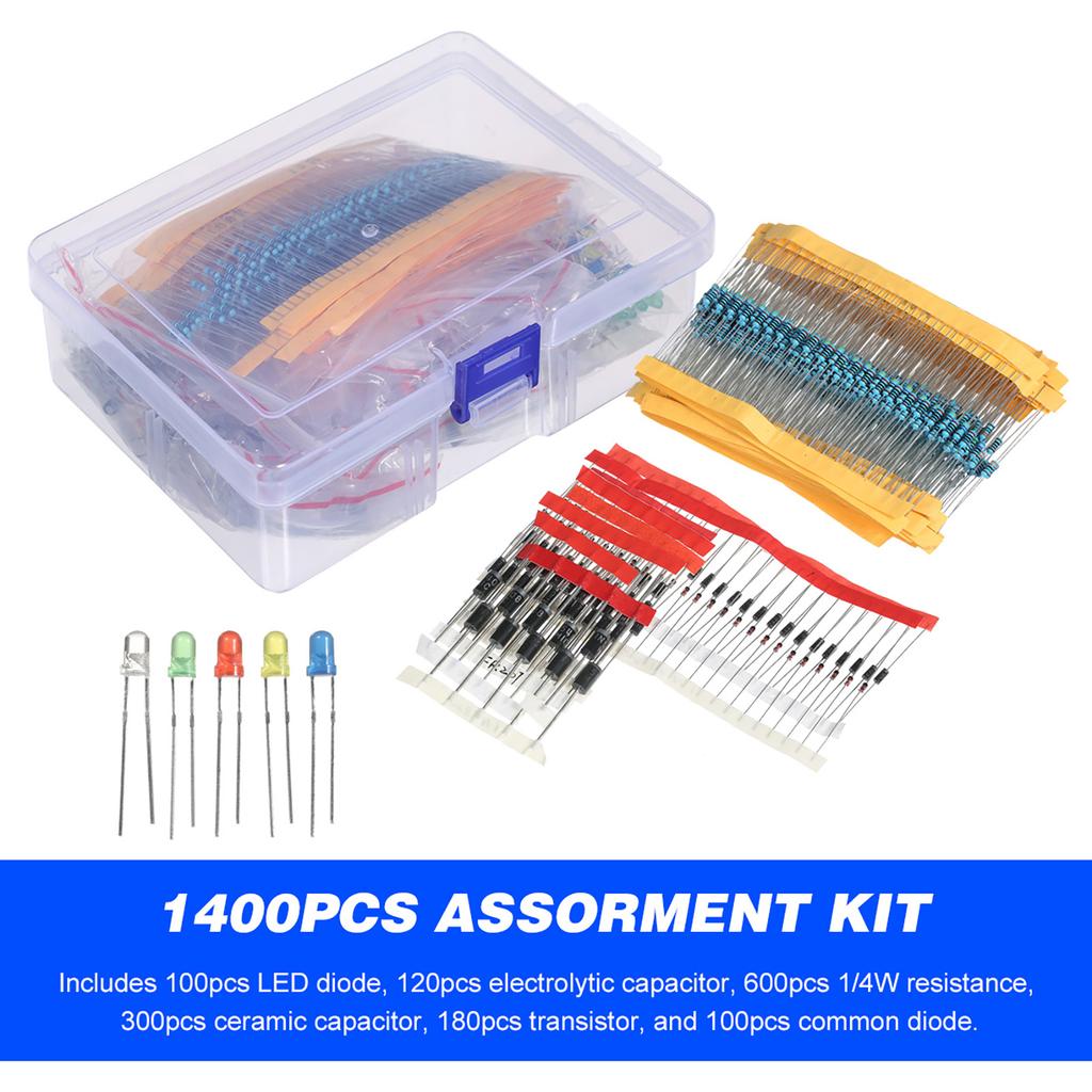 1400PCS Electronic Components Assortment Kit Assorted Electric Element Starter Kit with 1 4W Resistance LED Diode