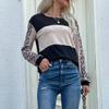 Fashionable and Casual Temperament Autumn Loose Tops Leopard Splicing Long-sleeved T-shirt Female