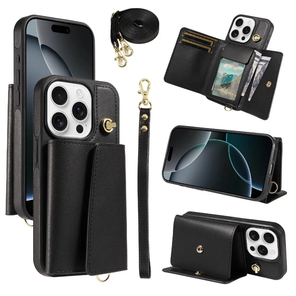 Чехол-кошелек из искусственной кожи для iPhone 16, 15, 14, Plus, 13, 12, 11 Pro Max, ремешок на запястье с держателем для карт, защитный чехол