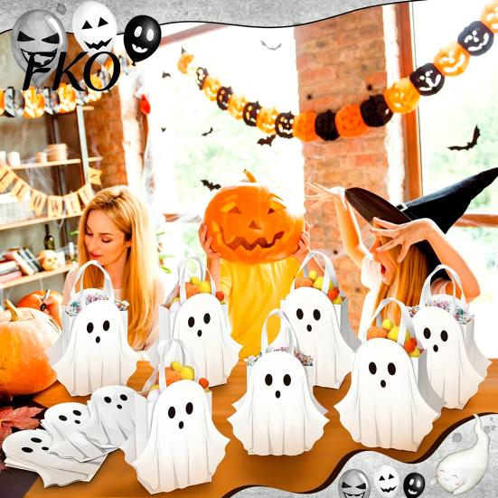 Halloween Purses And Handbags Ghost Gift Bag, White Candy Pouch with Cute Face, Trick or Treat Bag Favor for Party, Kids Goodie Prizes Ribbon Handle