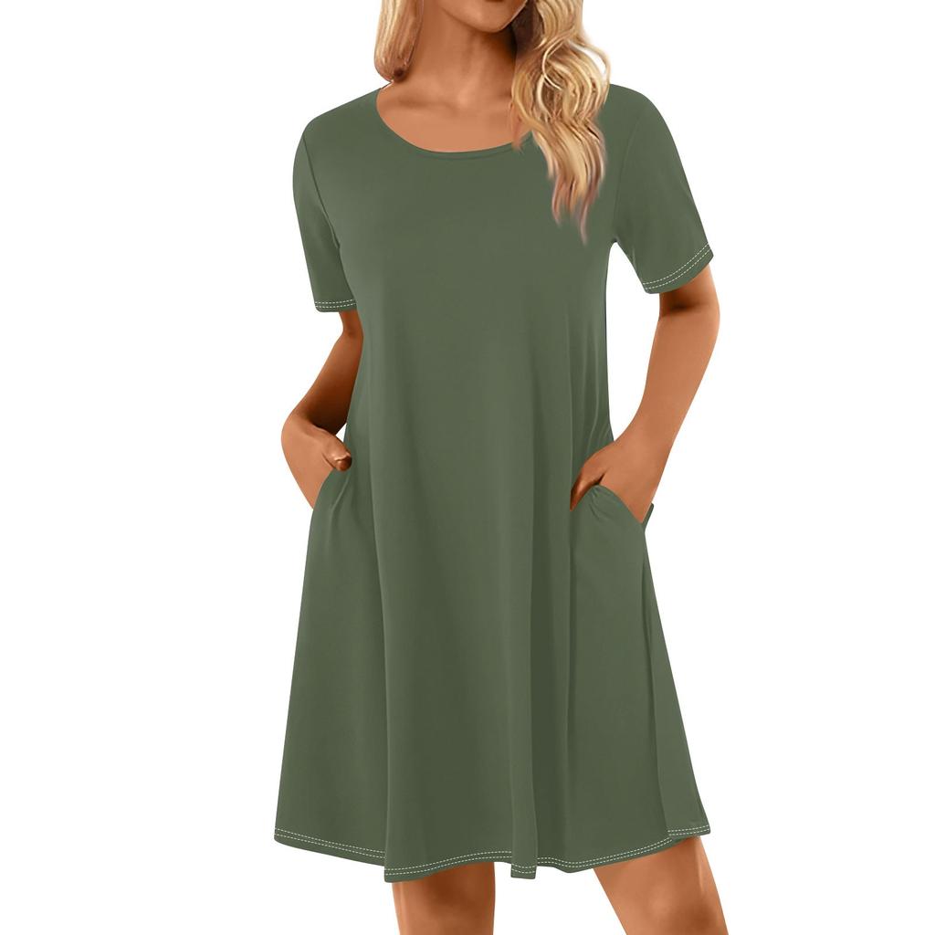 Женские повседневные платья с однотонным принтом, летние платья с коротким рукавом и круглым вырезом