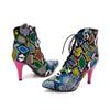 Women's High-heeled Short Boots Sexy Snakeskin Pattern Pointed Heel Large Size Color Matching Lace-up Short Boots