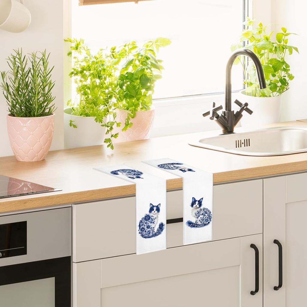Flower Cat Kitchen Towels Set of 2, Floral Cats Mom Towels for Cat Lovers Women Girls Dish Hand Tea Towel, Cute Light Blue and White Chinoiserie