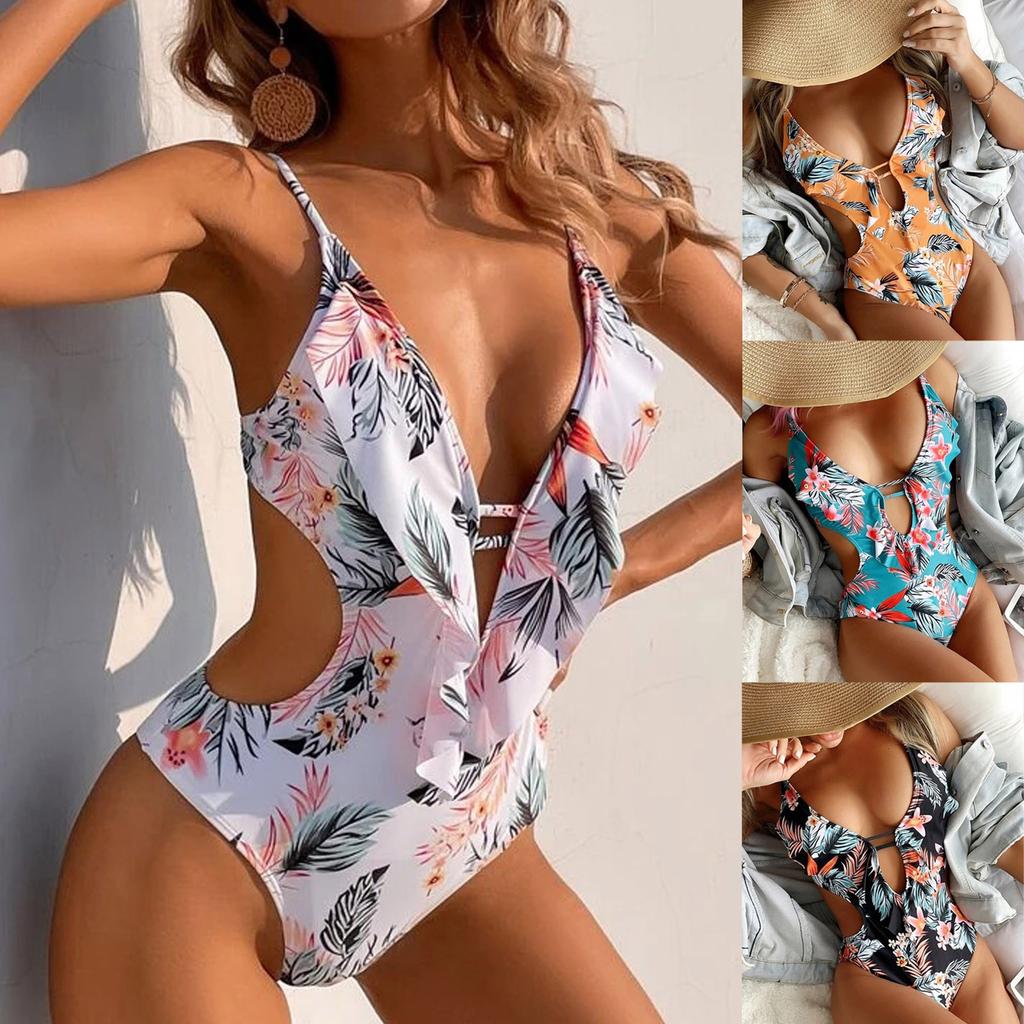 Women Floral Print  Swimsuit High Waisted Monokini Bathing Suit Swimwear Sexy Bikini