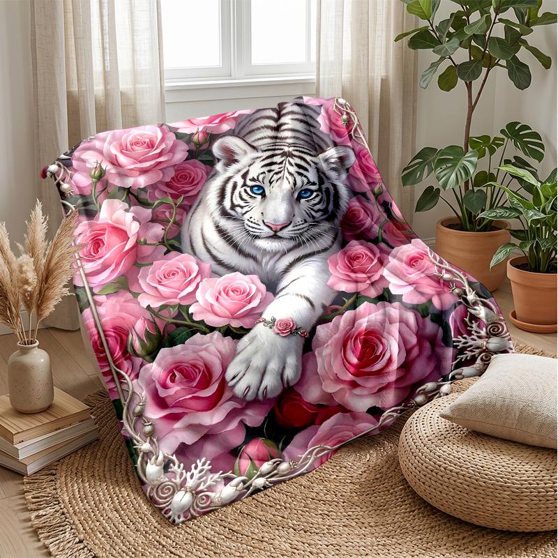 Tiger amidst floral splendor Theme blanket Lightweight Warm Flannel Blanket Decorative Throw Blanket for Home Decoration