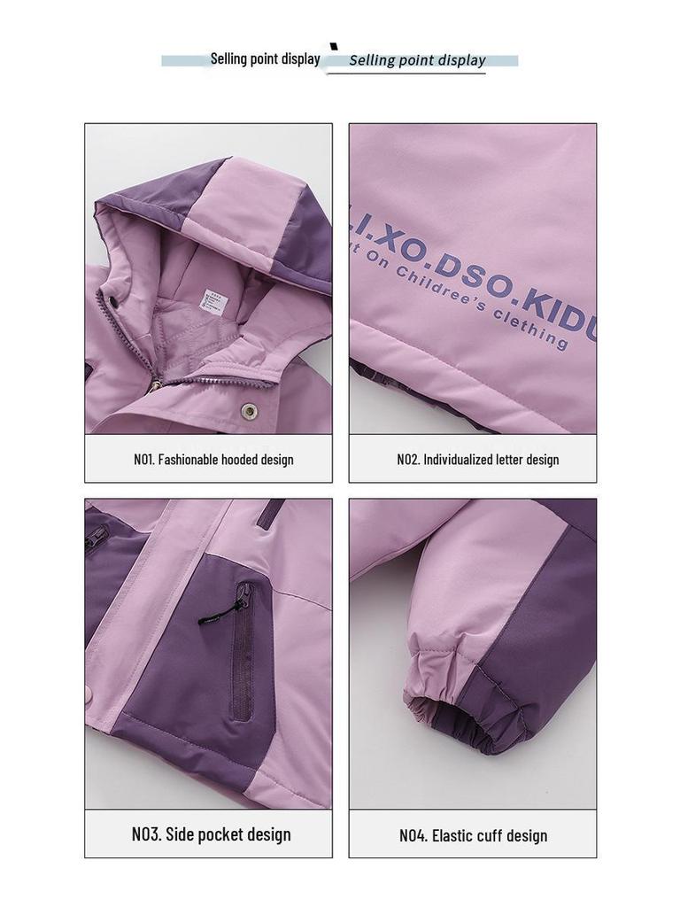 Girls' Fleece-Lined Color Block Windbreaker Jacket, Spring/Autumn, Thick, Windproof, for Medium & Large Children