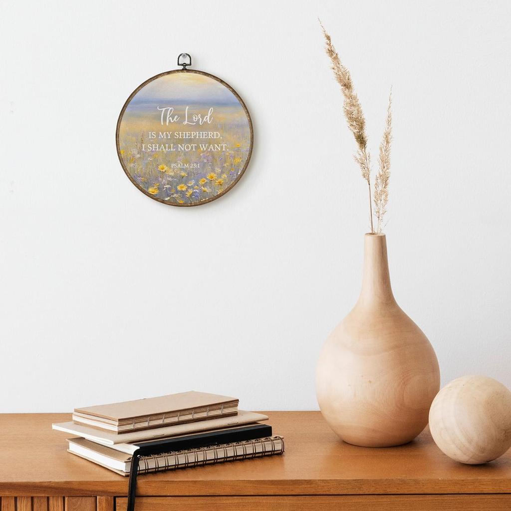 TLESKE Дикие цветы Христианское Писание Господь — Пастырь Мой Круглый Настенный Декор 10x10, Цветочный Библейский Стих Псалом В Рамке Холст Настенные Арт-Принты