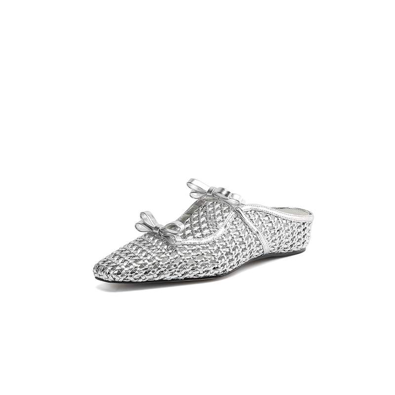 Krazing Pot Straw Weaving Mules Summer Size 42 Bowtie Gold Silver Color Thick Low Heels Women Women Square Toe Sandals