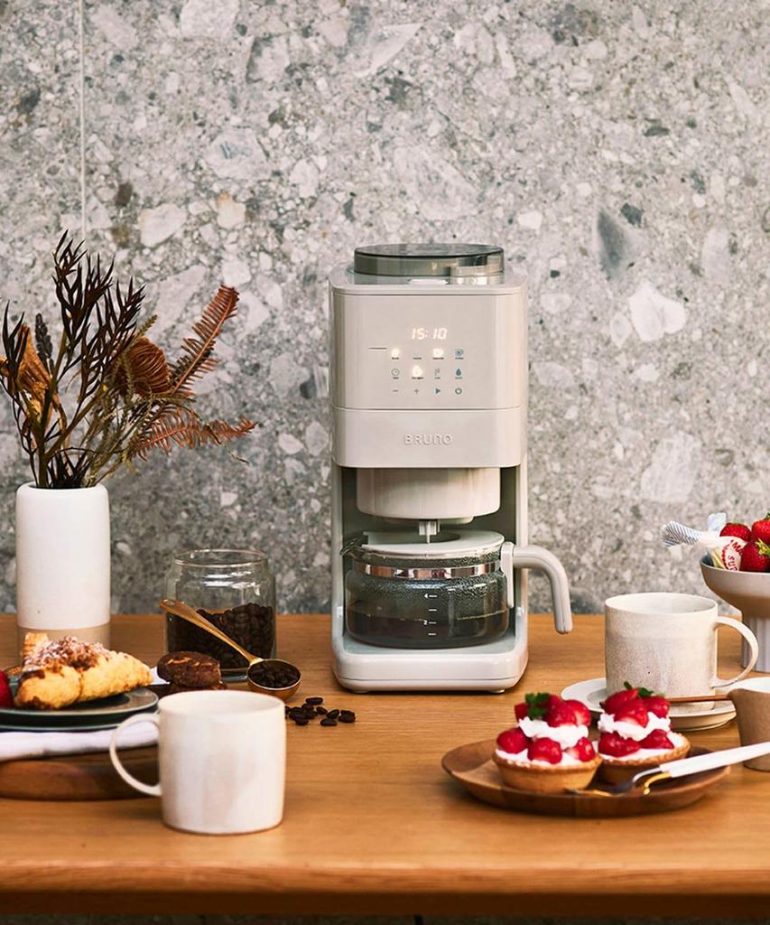 BRUNO Coffee Maker, Fully Automatic, Cone Type, with Coffee Mill, Bean or Powder Compatible, 3-Level Grind Size and Strength Adjustment, Greige,