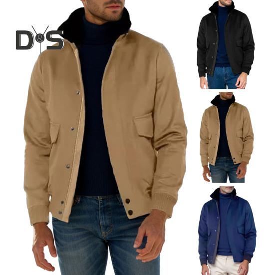 Осенне-зимняя мужская куртка с плюшевой строчкой, однобортная куртка с длинным рукавом и карманами с клапанами, однотонная шерстяная верхняя одежда