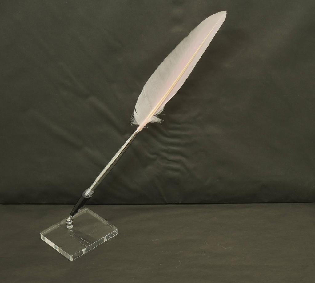 Набор из 2 штук Ручка из гусиного пера, обработанного по японской технологии, с латунным диском Прозрачная акриловая подставка для ручки с черным держателем для ручки Розовое перо + Q-S5P2WG-2-P