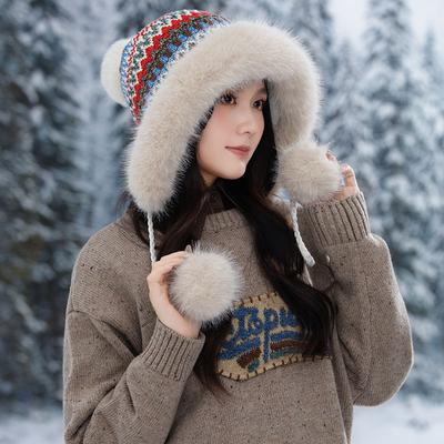 Этнический стиль Пушистая теплая шапка Женская зимняя плюшевая утолщенная шапка с помпоном Холодная шапка для улицы Лыжная шапка