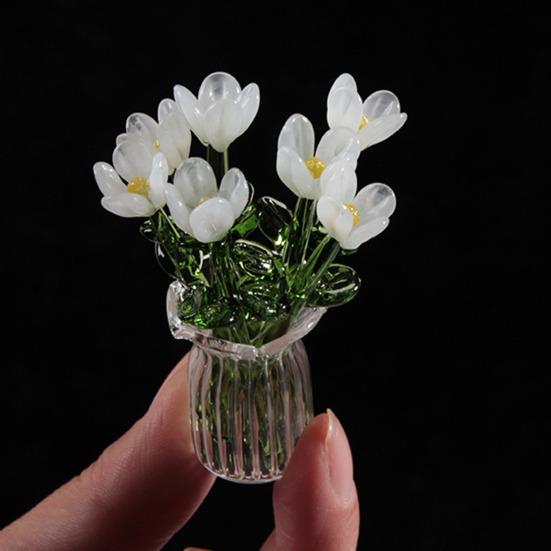 Glass Flower Bouquet with Vase Hand-Blown Mini Flower Decoration Home Living Room Handmade Simulation Floral Ornament with