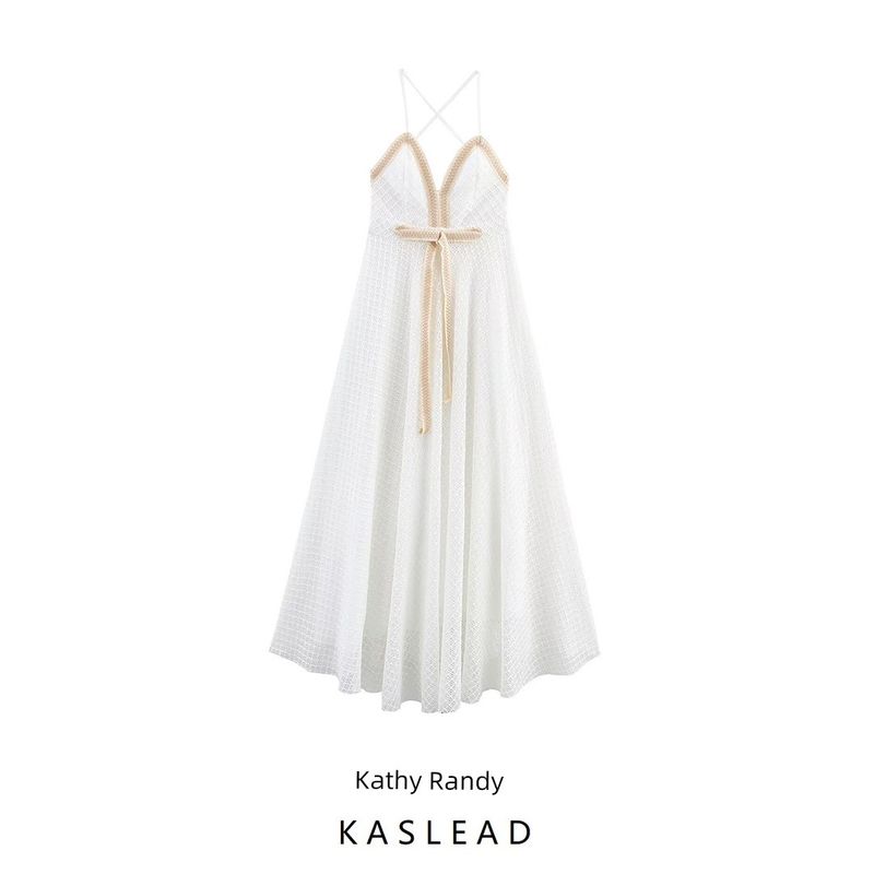 Kaslead New Women Clothes Western Style Fashion Pure Desire Wind Bow Decoration Vacation Sling Dress