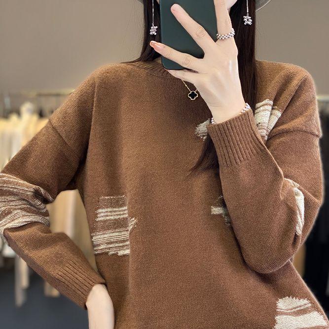 Женский свитер с круглым вырезом, свободный вязаный свитер с цветными блоками для мам на осень и зиму, топ с длинными рукавами