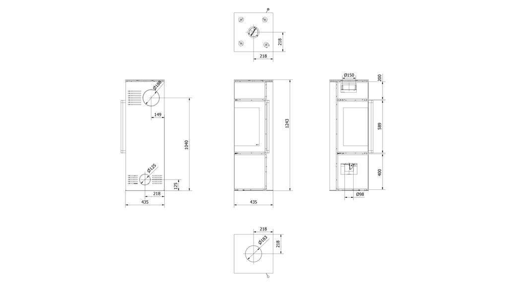 Wood burning steel stove KRATKI TORA/S 8 kW Ø 150 black glass panel self closing door