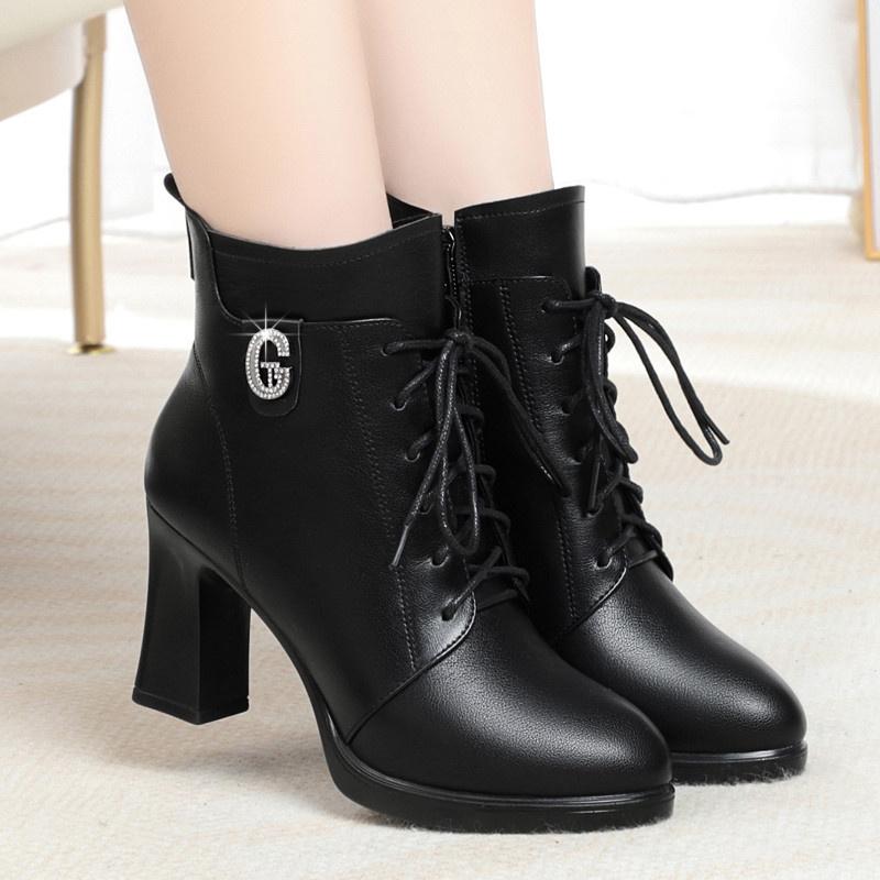 Комфортные Универсальные Короткие Сапоги на Высоком Каблуке Осень Зима Новые Толстый Каблук Плюшевый Бархат Женские Ботильоны из Мягкой Кожи