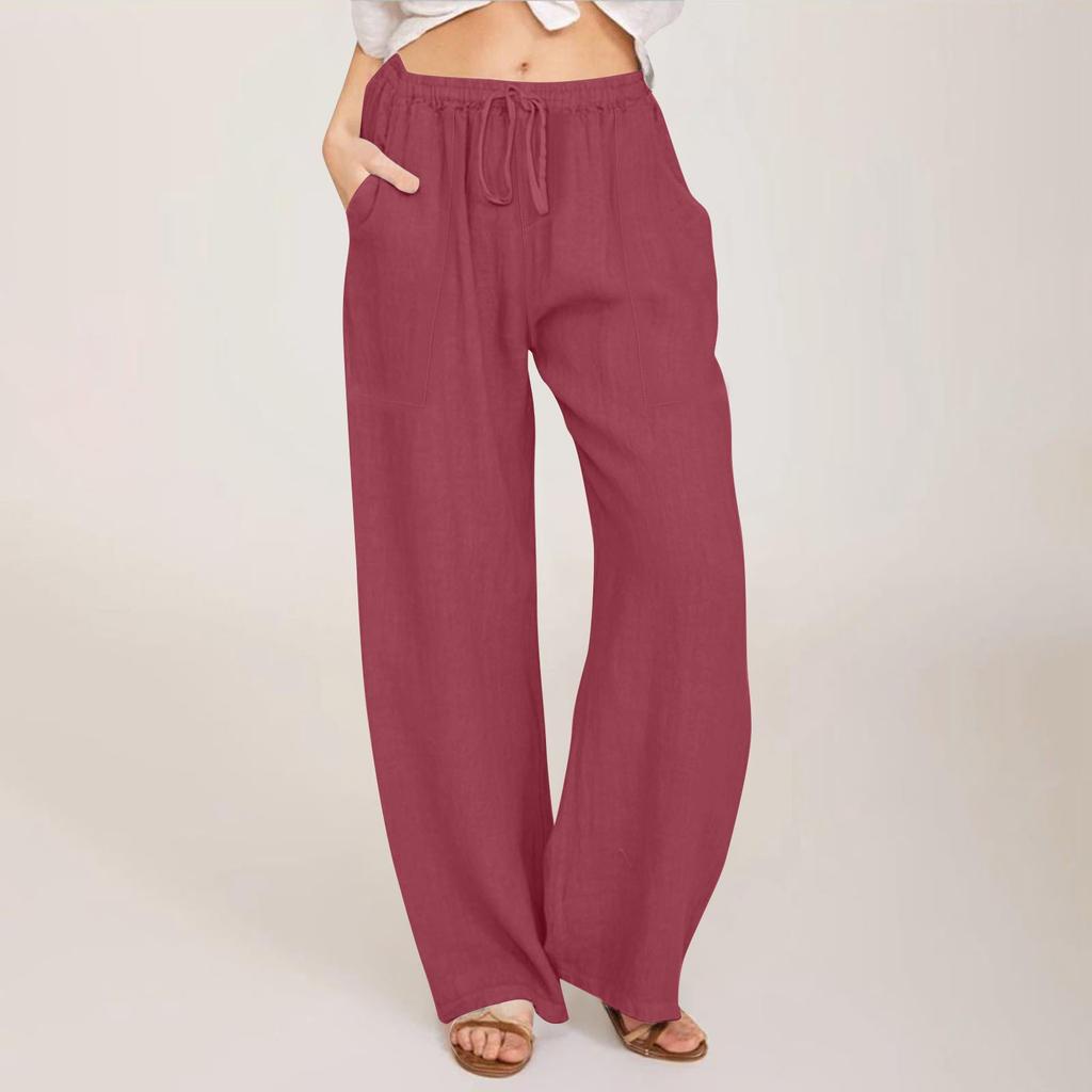Женские летние свободные брюки из хлопка и льна с эластичным поясом и внешним карманом