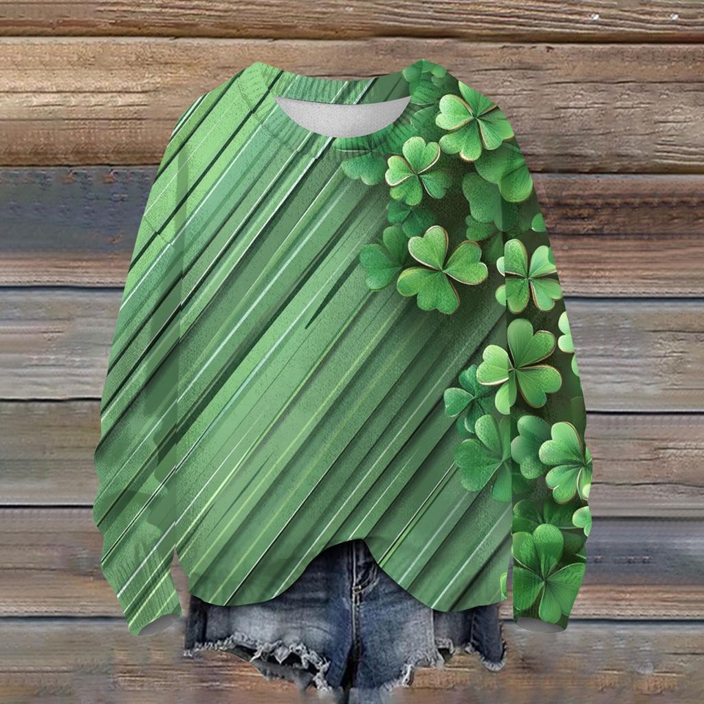 Женская мода вскользь с длинным рукавом St. Вязаный топ с круглым вырезом и принтом ко Дню Святого Патрика