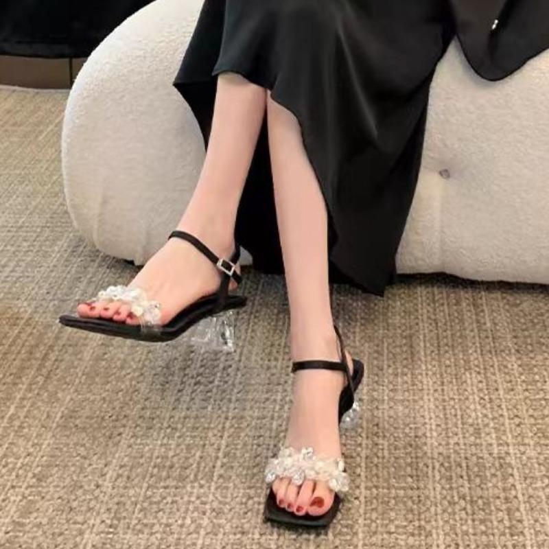 Модные женские летние новые босоножки на высоком каблуке, с кристальными пряжками, на толстом каблуке, с квадратным носком, на резиновой подошве, кожаные, одинарные туфли