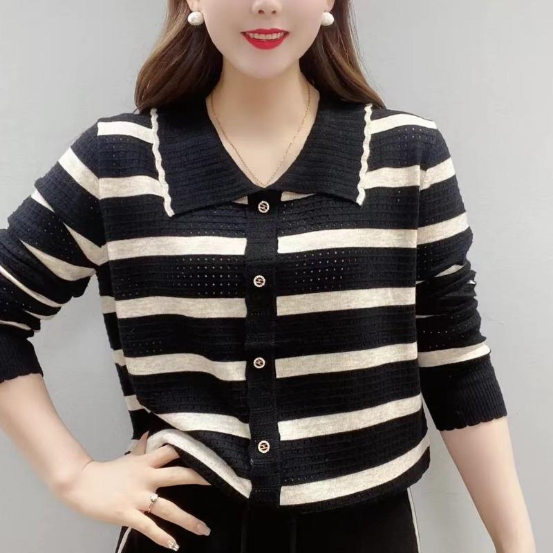 Women Striped Knit Cardigan Turn Down Collar Long Sleeve Button Casual Sweater Tops