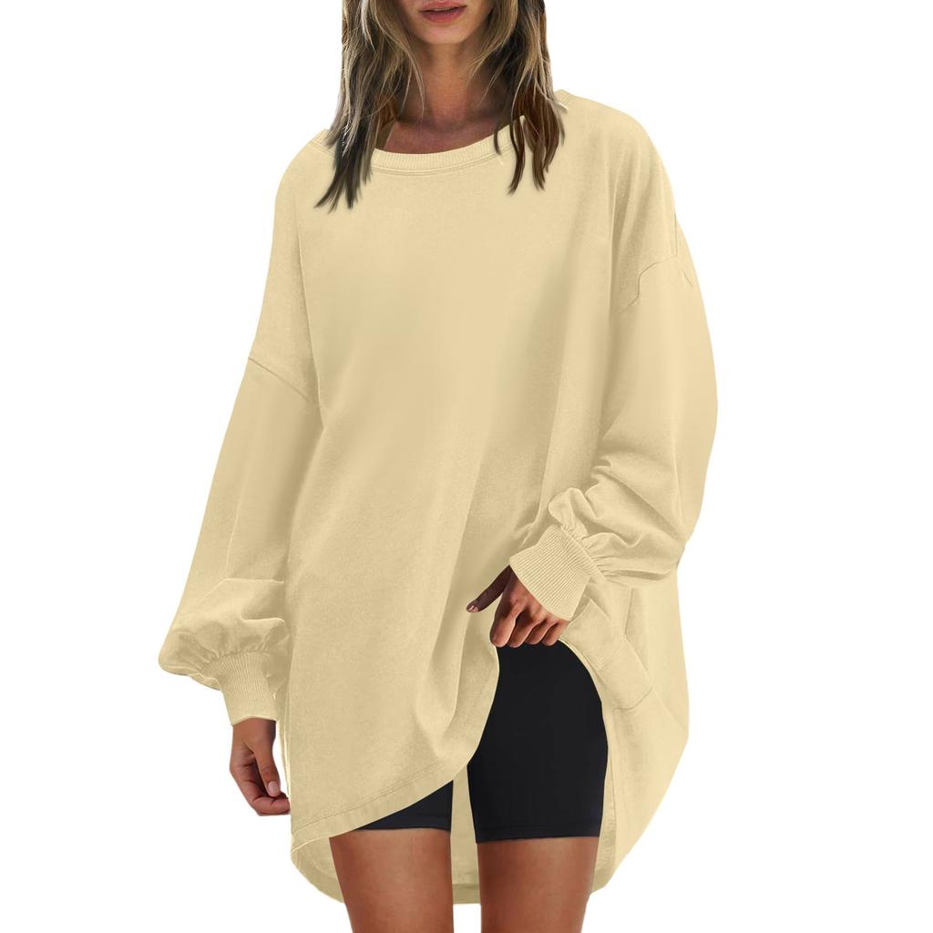 Женская негабаритная круглая толстовка, модный однотонный пуловер, туника с длинными рукавами, топы