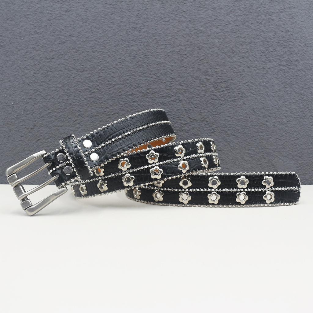 Men's and Women's Belts European and American Punk Style Flowers Rivets Air-eye Wide Belt Hollow Trendy Personalized Decoration