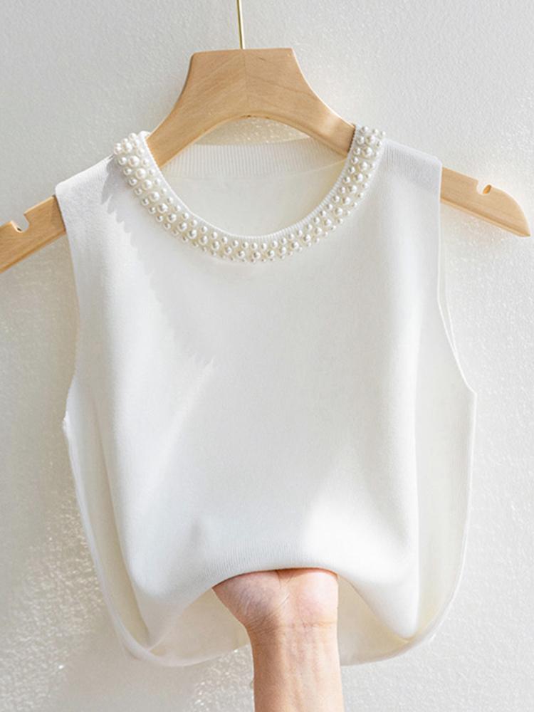 Корейские трикотажные жилеты женские топы однотонные топы без рукавов Blusas Mujer De Moda летние новые модные женские топы без рукавов с бисером повседневные тонкие топы