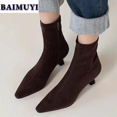 Ботильоны с острым носком, женские сексуальные туфли на среднем каблуке, тренд 2025 года, замшевые зимние новые зимние сапоги, женская мода, элегантные Mujer Zapatillas