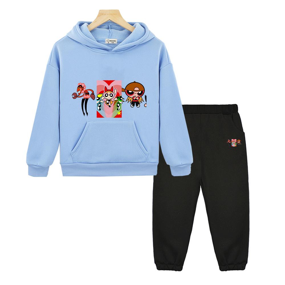 Children Clothes Powerpuff Girls Anime Hoodie Fleece Sweatshirt 2pcs Pullover+pants Sport Hooded Sets Girl Outfit Boy Clothing