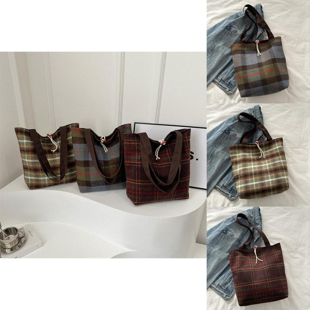 Trendy Plaid Woolen Tote Bag With Large Capacity For Women 2024 New Street Fashion