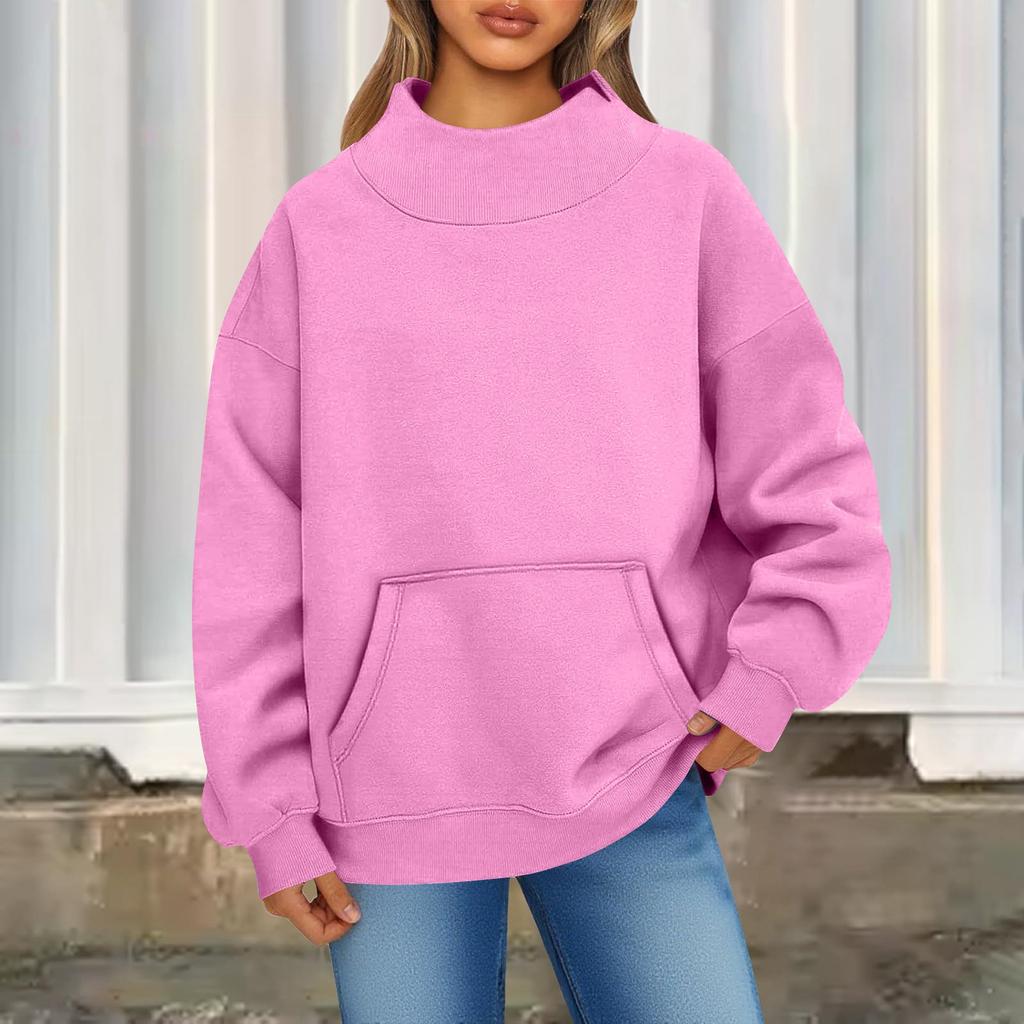 Женский модный повседневный однотонный пуловер с круглым вырезом, длинными рукавами и карманом, спортивный повседневный топ