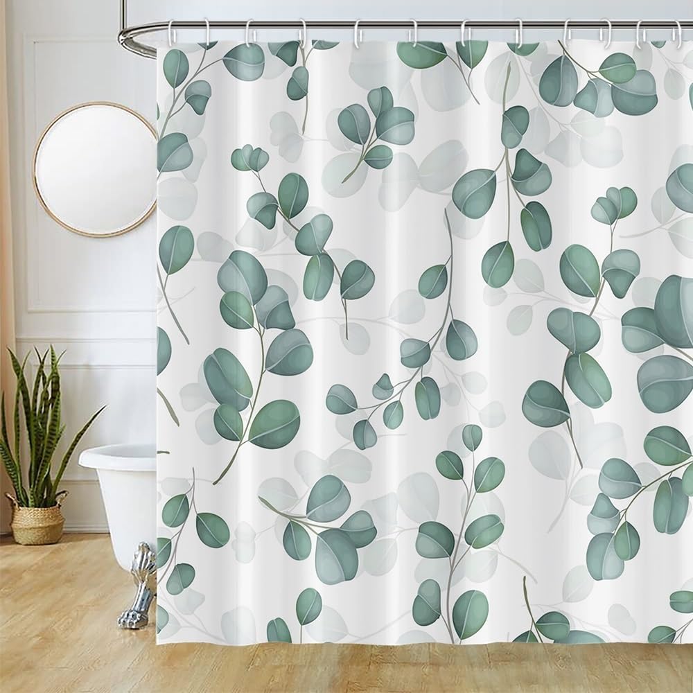 Зеленый Растительный Лист Узор Занавеска для Душа Водонепроницаемая Полиэстеровая Ткань Декоративная Занавеска для Душа для Ванной 12 Крючков