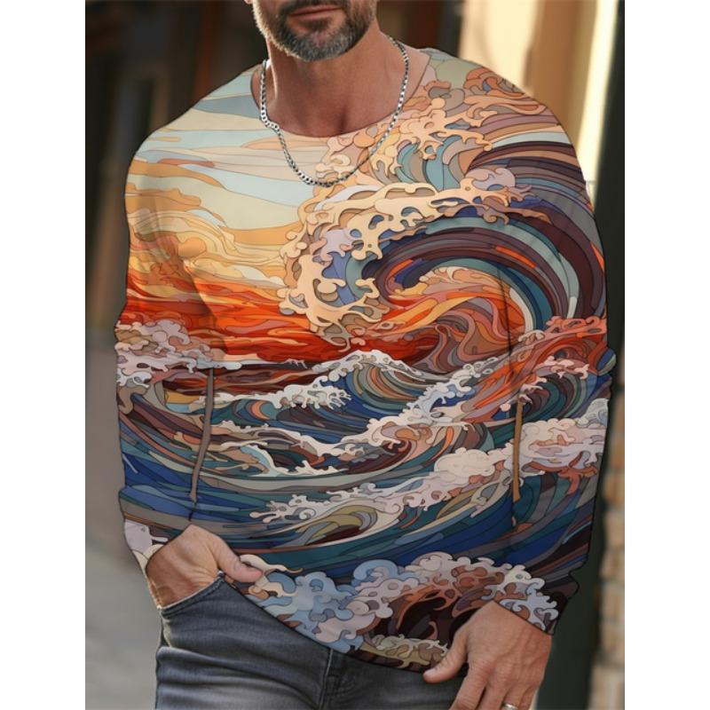 Новая мужская футболка с длинными рукавами Ukiyoe с 3D-печатью, высококачественный рисунок волн и кошек, мужской осенний повседневный топ с круглым вырезом