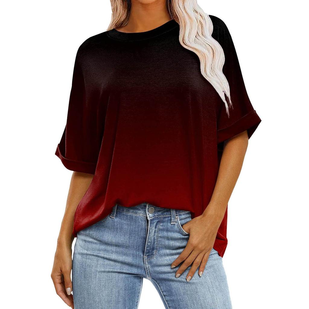 Женская свободная объемная футболка в градиентную полоску с круглым вырезом и длиной до плеч, с короткими рукавами, топ