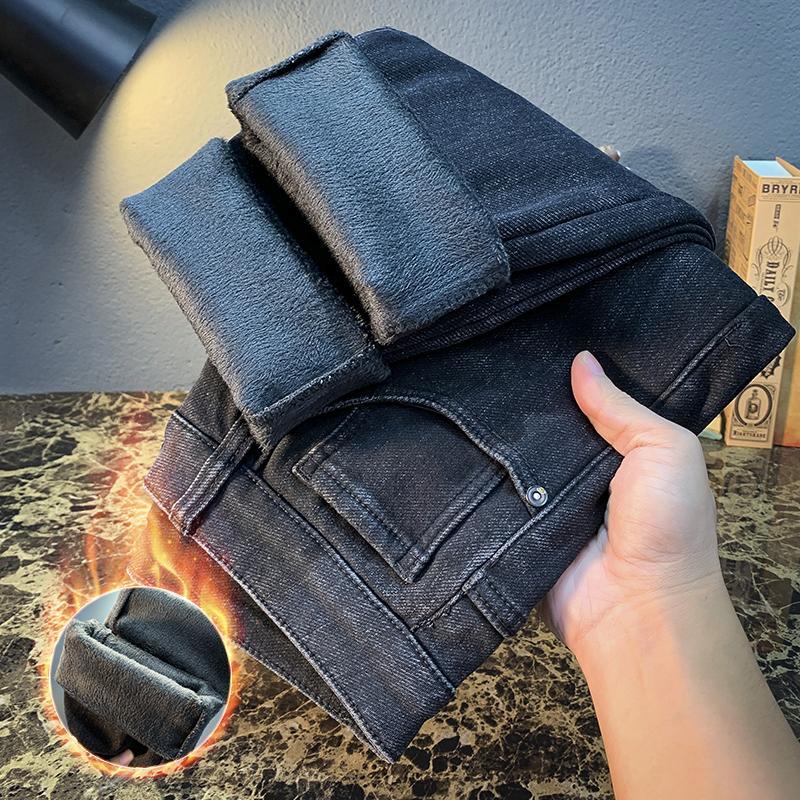 2024 Осень и зима Новые черные и бархатные теплые джинсы мужские модные брендовые высококачественные свободные прямые простые повседневные брюки