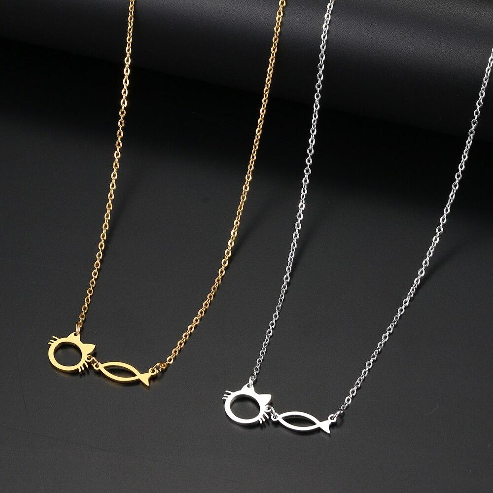 Stainless Steel Necklaces Cute Cat And Fish Pendant Chain Choker Charm Fashion Necklace For Women Jewelry Party Birthday Gifts